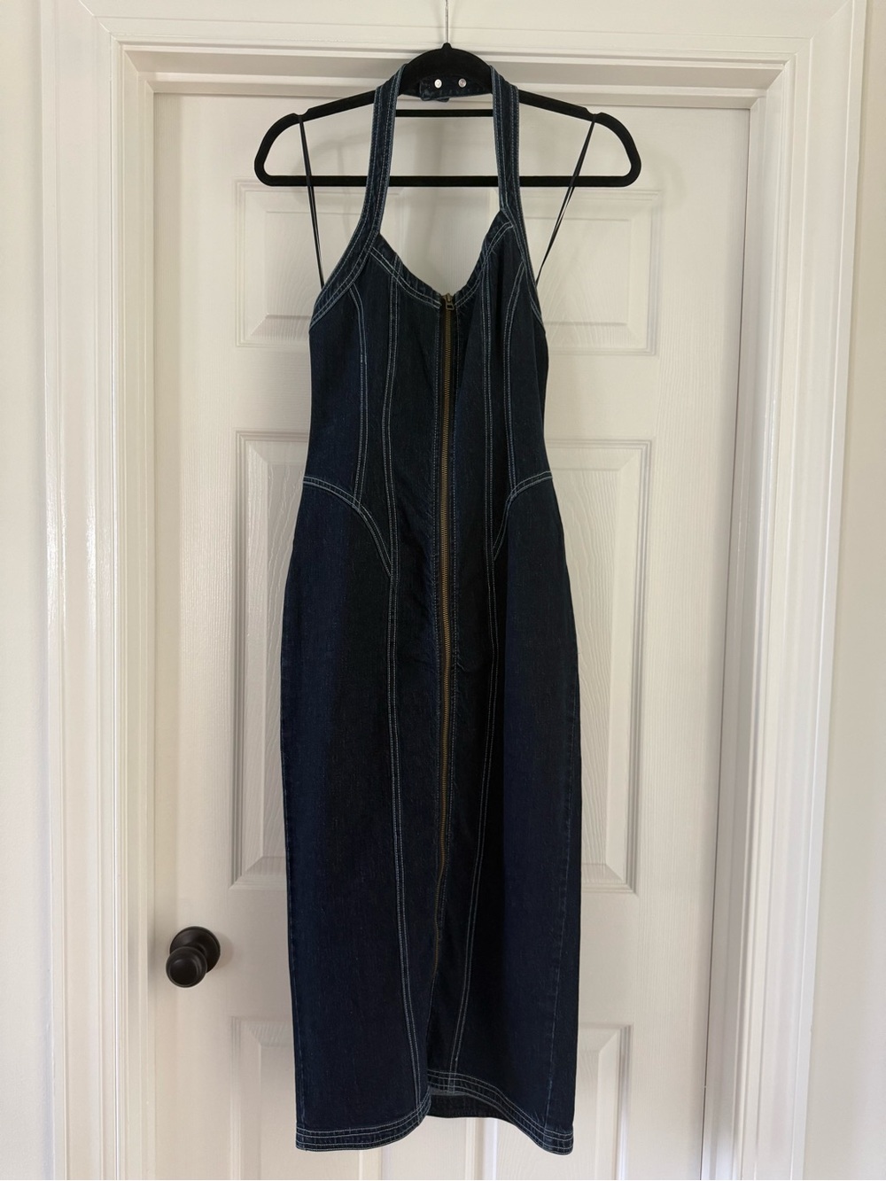 Anthropologie Pilcro Dark Blue Denim Halter Midi Dress with Front Zip